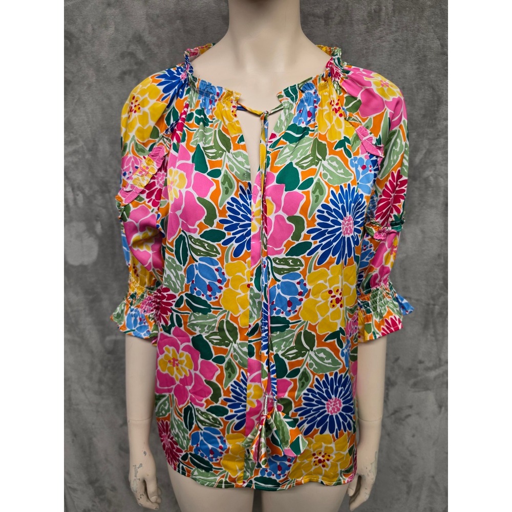 THML Womens Floral Split Neck Ruffle Blouse Multicolor JH1967-RA Large